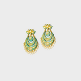 Chandbali-style earrings, showcasing intricate turquoise enameled work and shimmering uncut diamonds. Adorned with delicate pearl hangings (KME2190)