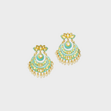Chandbali-style earrings, showcasing intricate turquoise enameled work and shimmering uncut diamonds. Adorned with delicate pearl hangings (KME2190)
