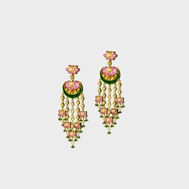 Experience the epitome of elegance with our exquisite long earrings, adorned with delicate pink enameled work, shimmering uncut diamonds, and vibrant green stones. Complete with dangling emerald beads and pearls (KME2182)