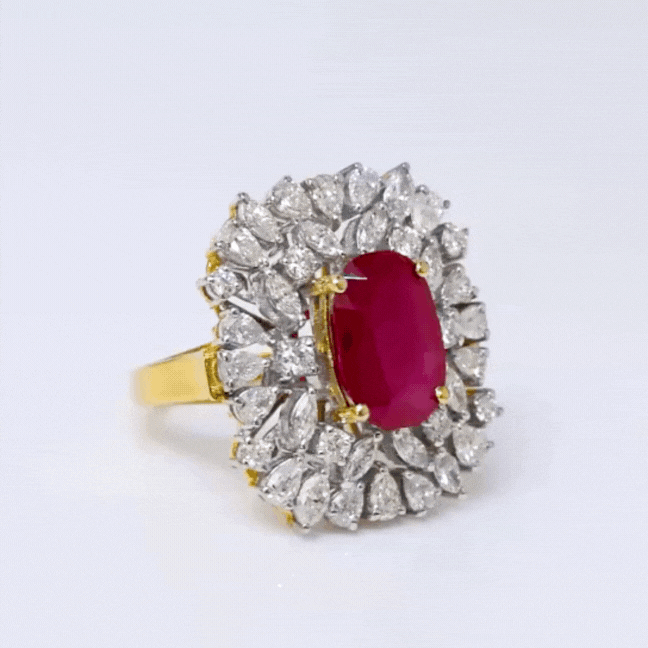 Introducing our spectacular Ring adorned with a mesmerizing array of multi-shaped diamonds and radiant ruby, a true masterpiece that captures the essence of luxury and sophistication.(PGDR0428)