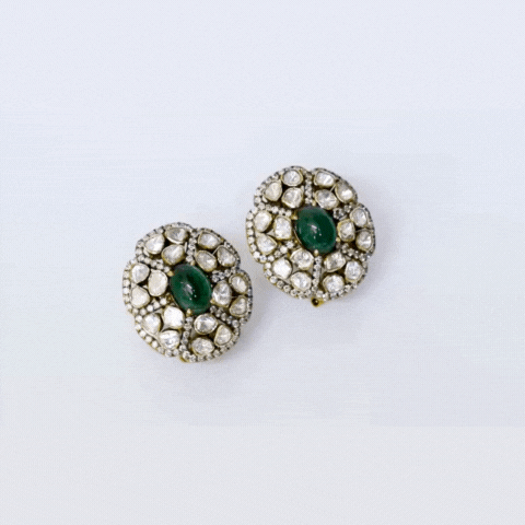 Adorn yourself in elegance with our Fusion Style Earrings, featuring mesmerizing Emerald Cabochons, intricate Diamond Polki, and sparkling Diamond Rounds.(KME2281)