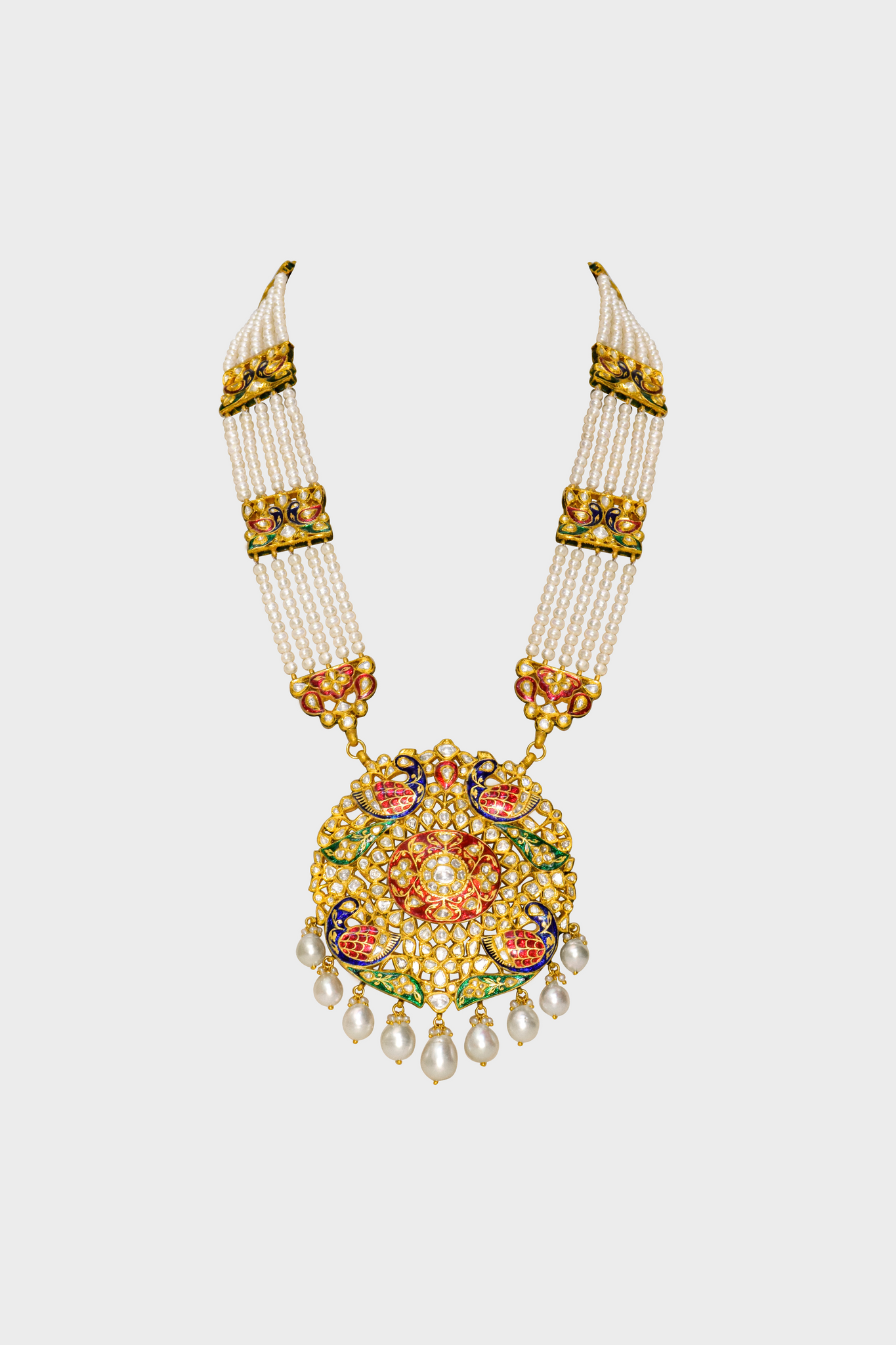 Long necklace adorned with stunning peacock Meena design