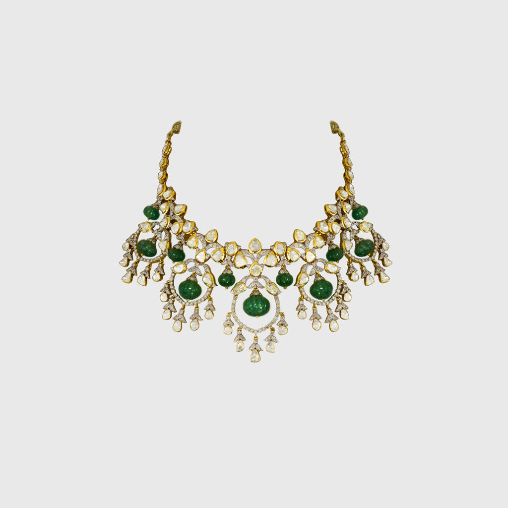 Enchanting necklace and earring pair featuring uncut diamond Polki and sparkling round diamonds, beautifully strung with large Colombian round beads in a graceful chand design—perfect for timeless elegance and royal charm.(WDN1201)
