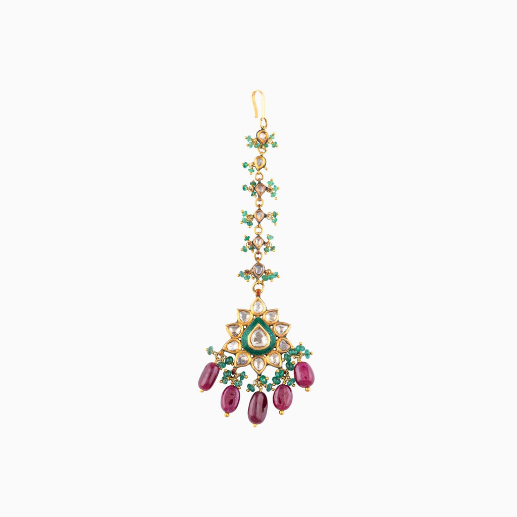 Tikka with Green Meena and Ruby Maniya and Uncut Diamond and Emerald Beads - KMTK0123