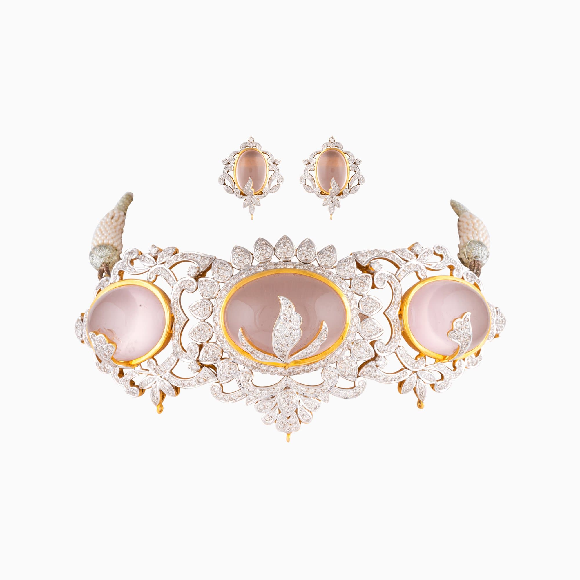 Necklace with Rose Quartz with Round Diamond (chik style) - GDNE0393
