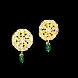 Karnphool earring pair in 18k gold with uncut diamond and emerald maniya. - KME2185