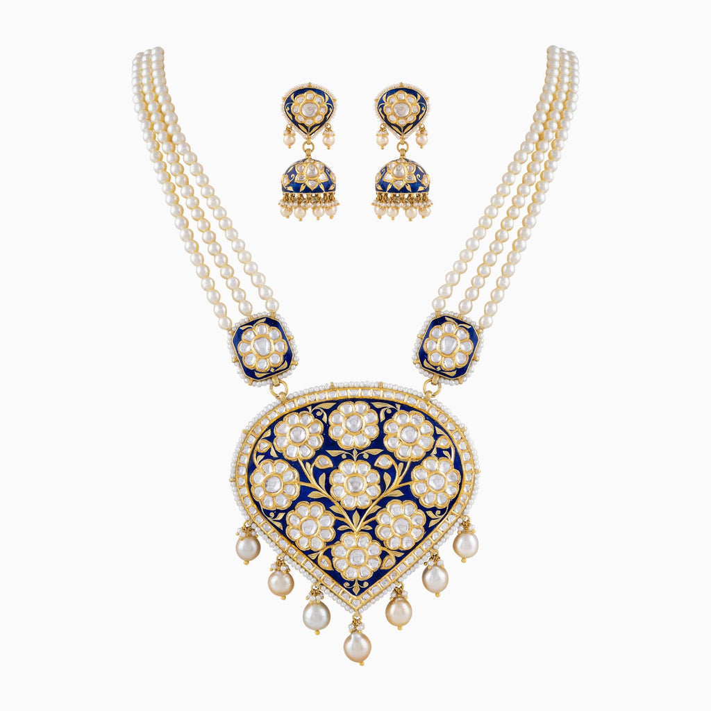 Blue Meena Pendant with Uncut Polki Diamond, S.S. Pearls and Japanese Pearls-KMNE2858