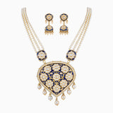 Blue Meena Pendant with Uncut Polki Diamond, S.S. Pearls and Japanese Pearls-KMNE2858