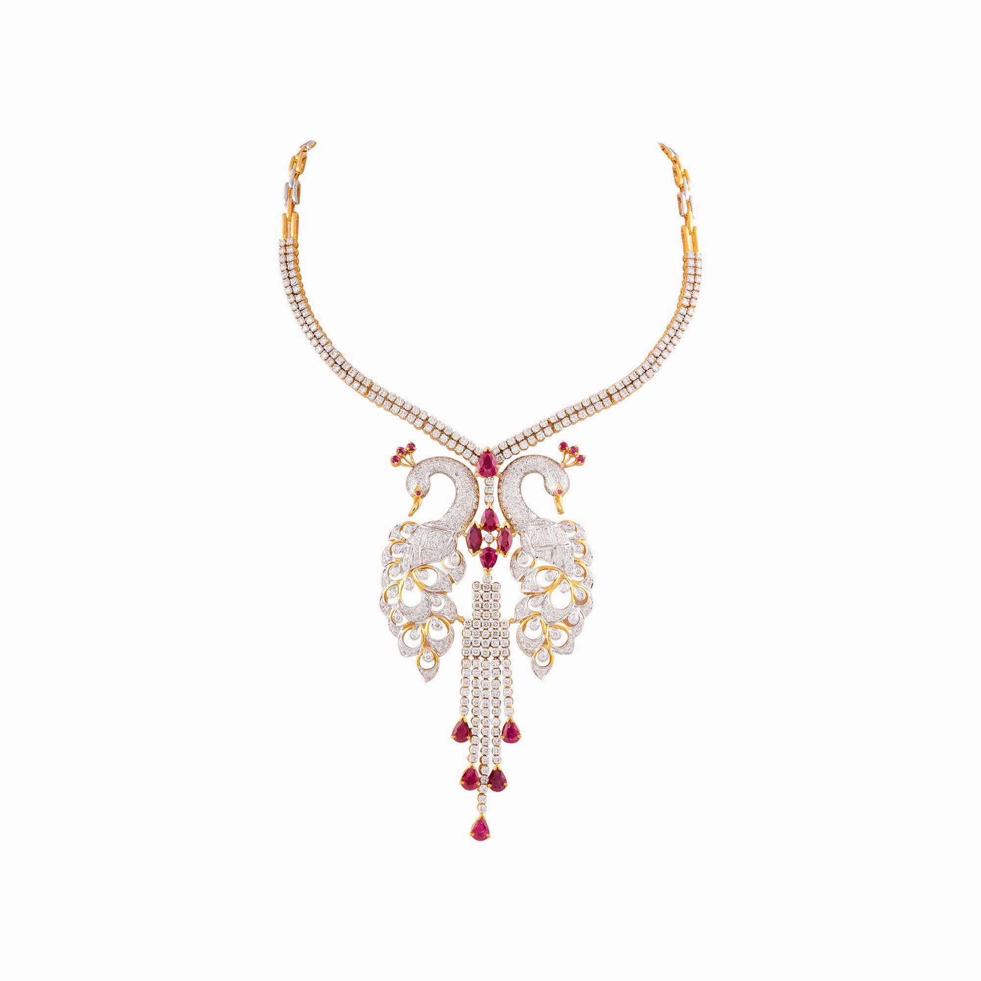 Necklace with Marquise Cut Ruby, Pear Cut Ruby, Round Cut Ruby and Round Cut Diamond (Peacock) - GDNE0413