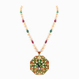 Pendant with Uncut Polki Diamond, Emerald Maniya, Ruby Meena and S.S. Pearl String-KMPE0952