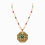 Pendant with Uncut Polki Diamond, Emerald Maniya, Ruby Meena and S.S. Pearl String-KMPE0952