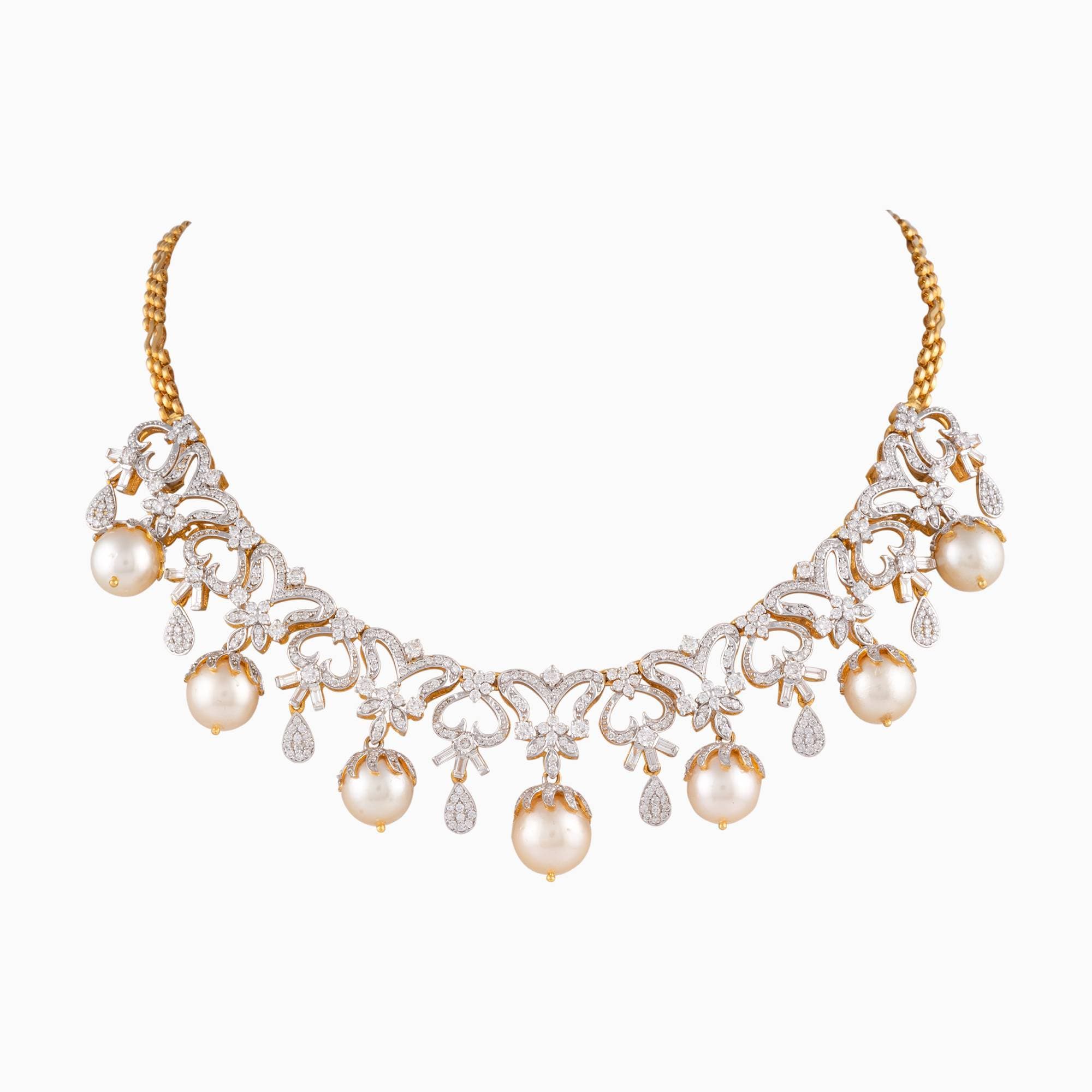 Necklace with Round Cut Diamond, Begg Cut Diamond, S.S. Pearls with Cap in Gold Chain + dia. begg. + s s moti + cap + gold chain-WDN942