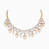 Necklace with Round Cut Diamond, Begg Cut Diamond, S.S. Pearls with Cap in Gold Chain + dia. begg. + s s moti + cap + gold chain-WDN942