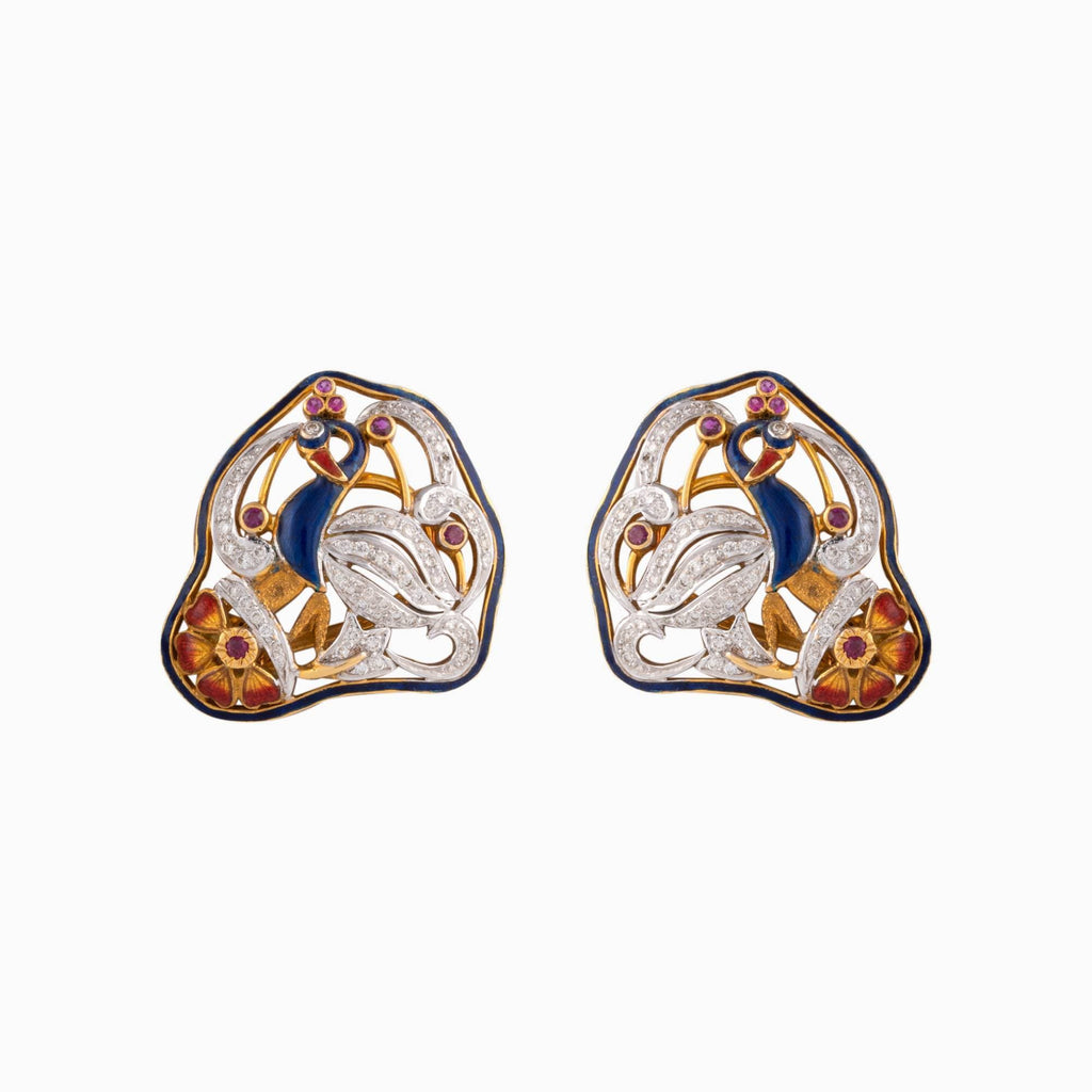 Peacock Meena and Diamond Earring Pair - GDPE0348