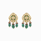 Earring Pair with Green Handwork Enamel Doposta, Uncut Diamond, Ruby Beads and Emerald Mani - KMPE0397