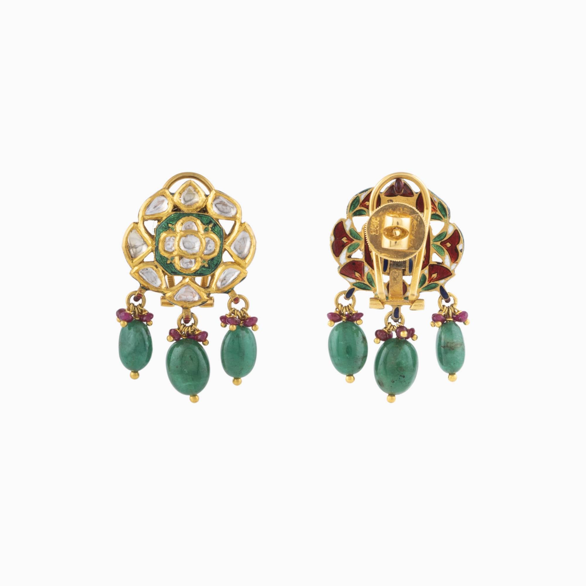 Earring Pair with Green Handwork Enamel Doposta, Uncut Diamond, Ruby Beads and Emerald Mani - KMPE0397