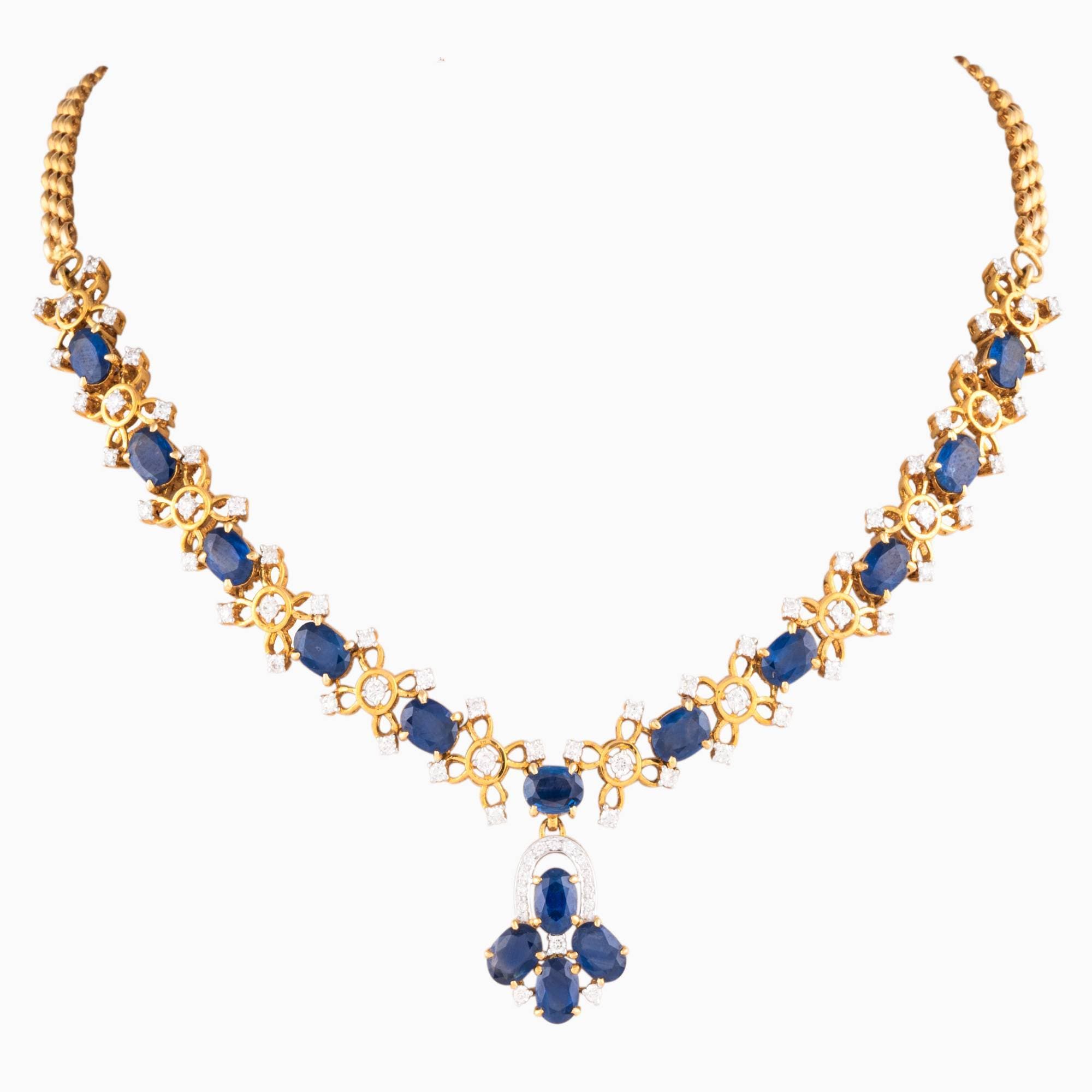 Necklace with Round Cut Diamond and Oval Cut Blue Sapphire -WDN865