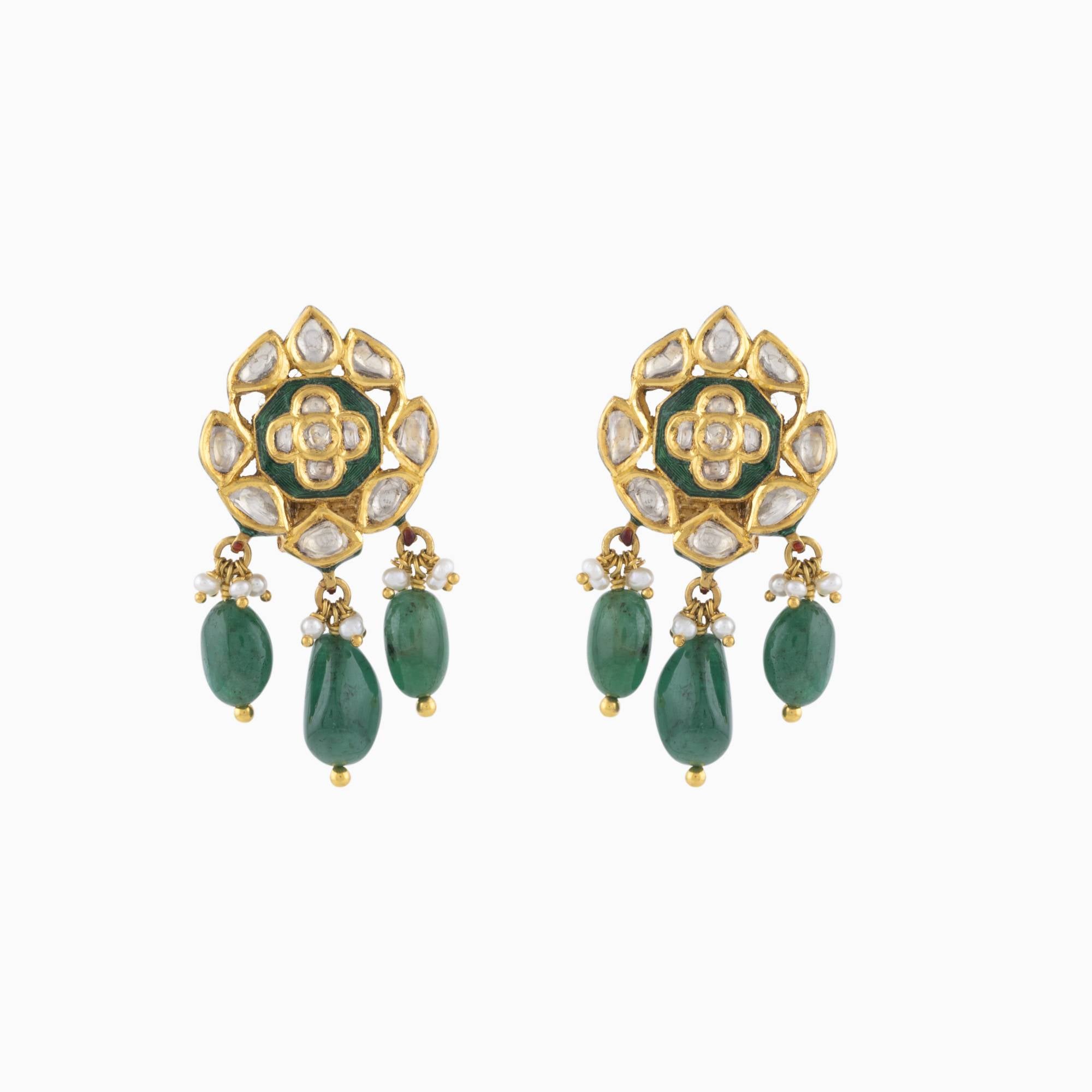 Earring Pair with Green Handwork Enamel Doposta, Uncut Diamond, Emerald Maniya and Pearls-KMPE1056