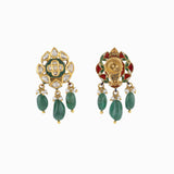 Earring Pair with Green Handwork Enamel Doposta, Uncut Diamond, Emerald Maniya and Pearls-KMPE1056