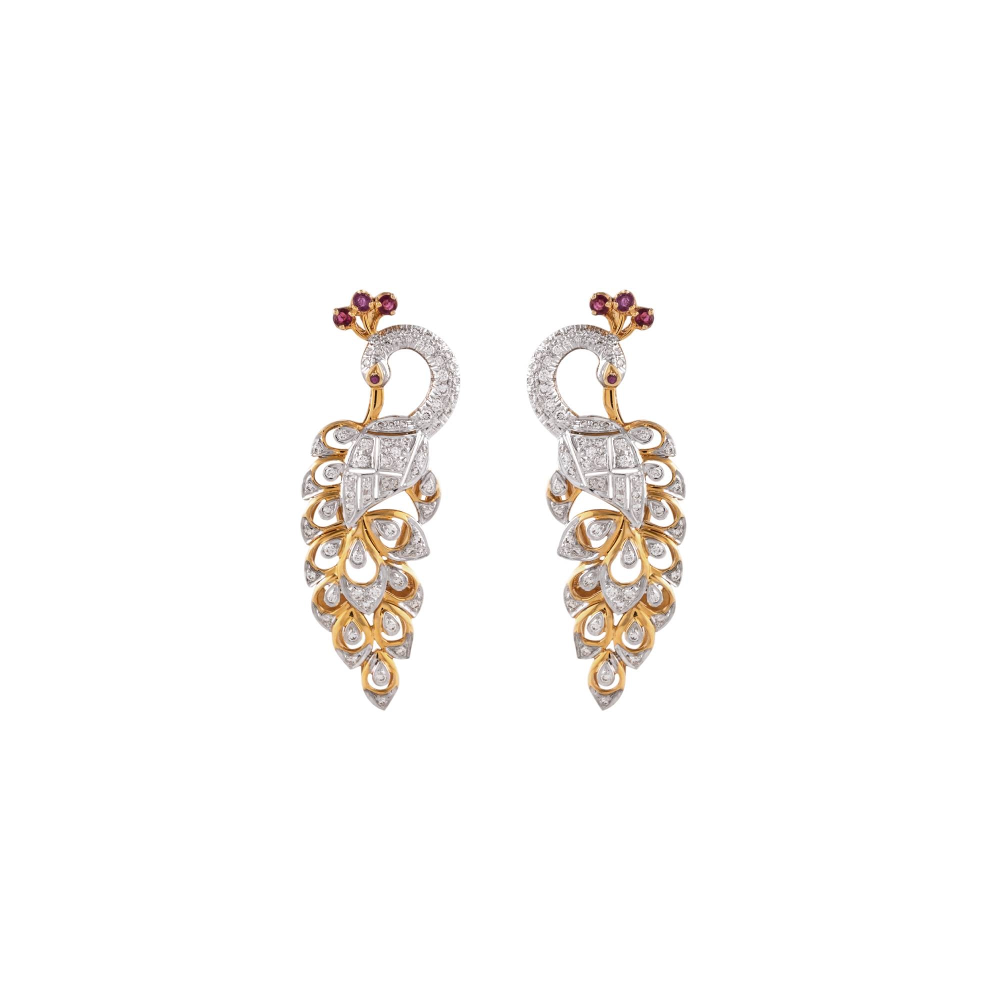 Earring pair with Round Cut Diamond and Round Cut Ruby (Peacock Design) - GDNE0413