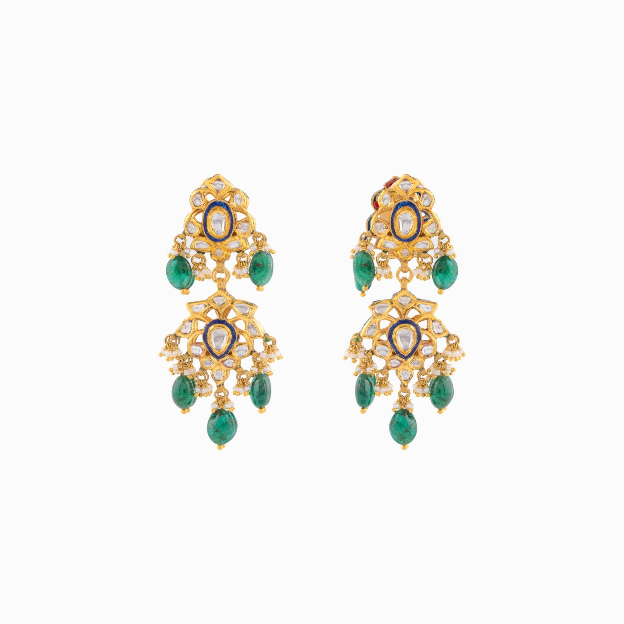 Earring Pair with Uncut Polki Diamond, Emerald Maniya and Pearls-KMNE2865