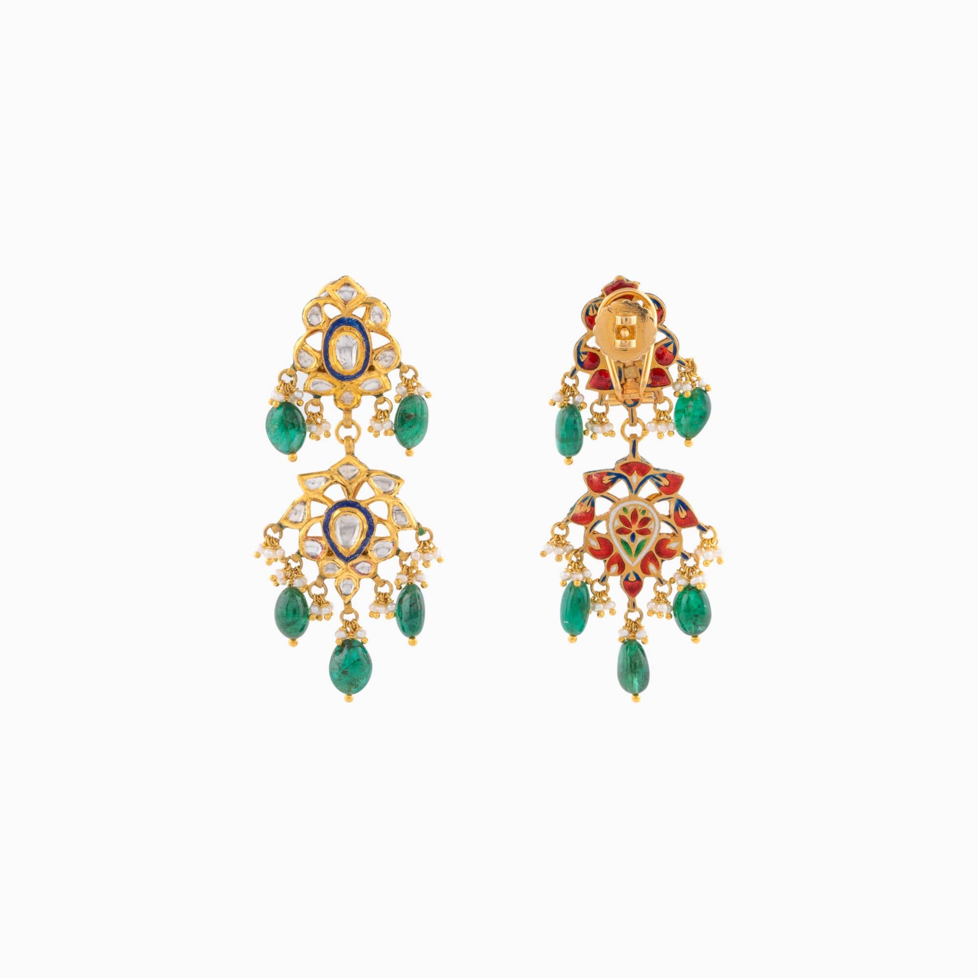 Earring Pair with Uncut Polki Diamond, Emerald Maniya and Pearls-KMNE2865