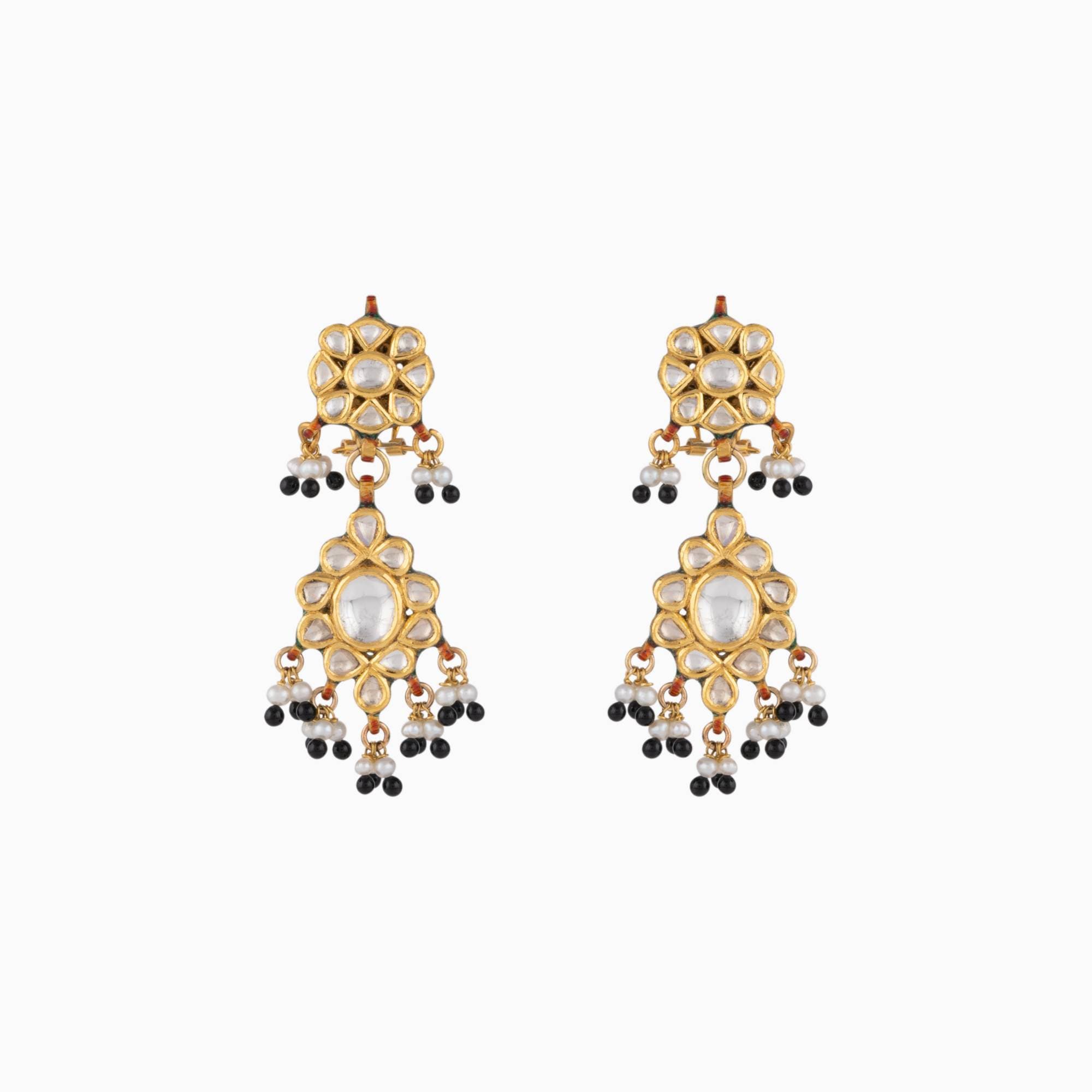 Earring Pair with Uncut Diamond, Black Cheed (Handwork Enamel Ekposta)- KMNE2868