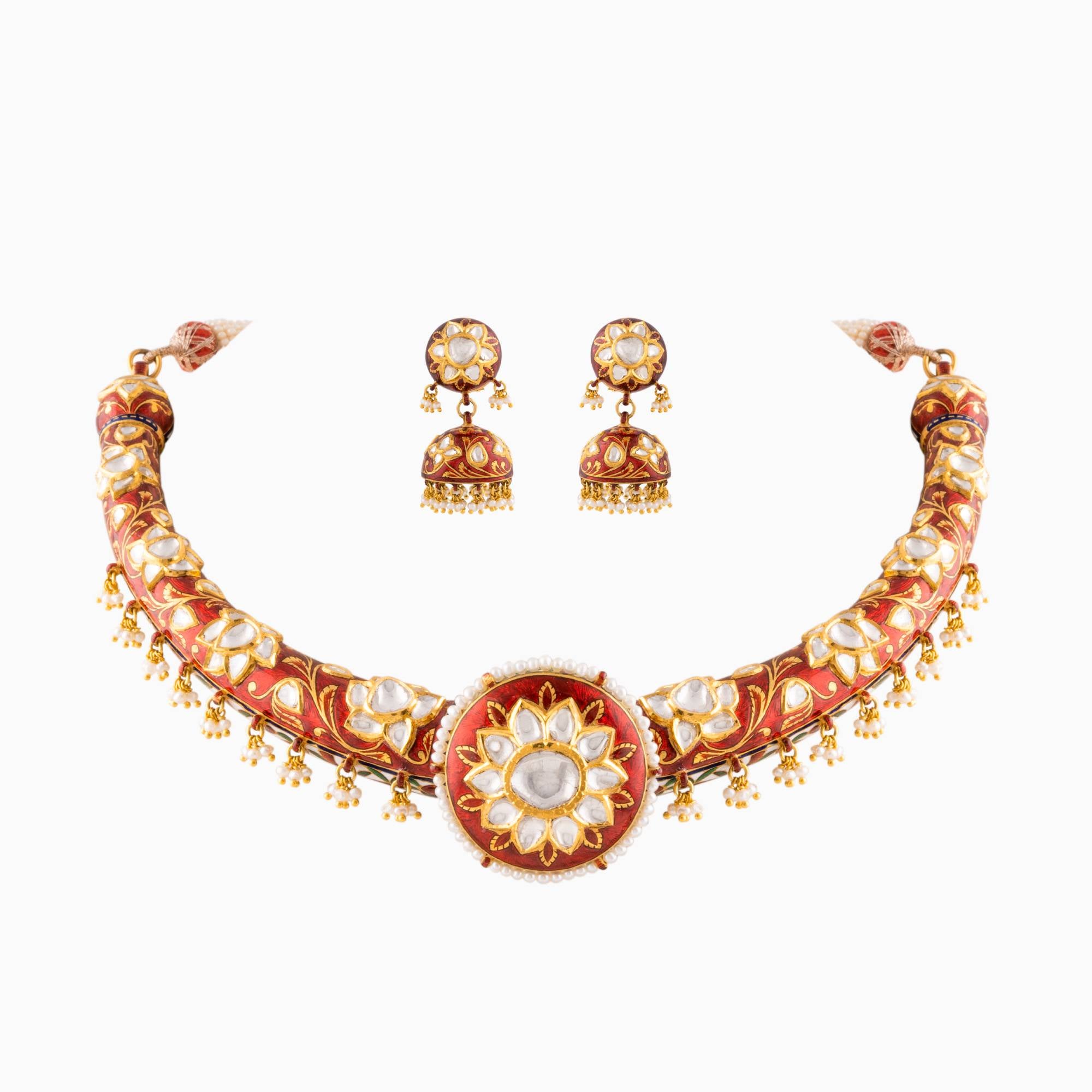 Necklace with Uncut Polki Diamond and Pearls-KMNE2872