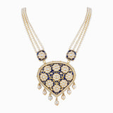 Blue Meena Pendant with Uncut Polki Diamond, S.S. Pearls and Japanese Pearls-KMNE2858