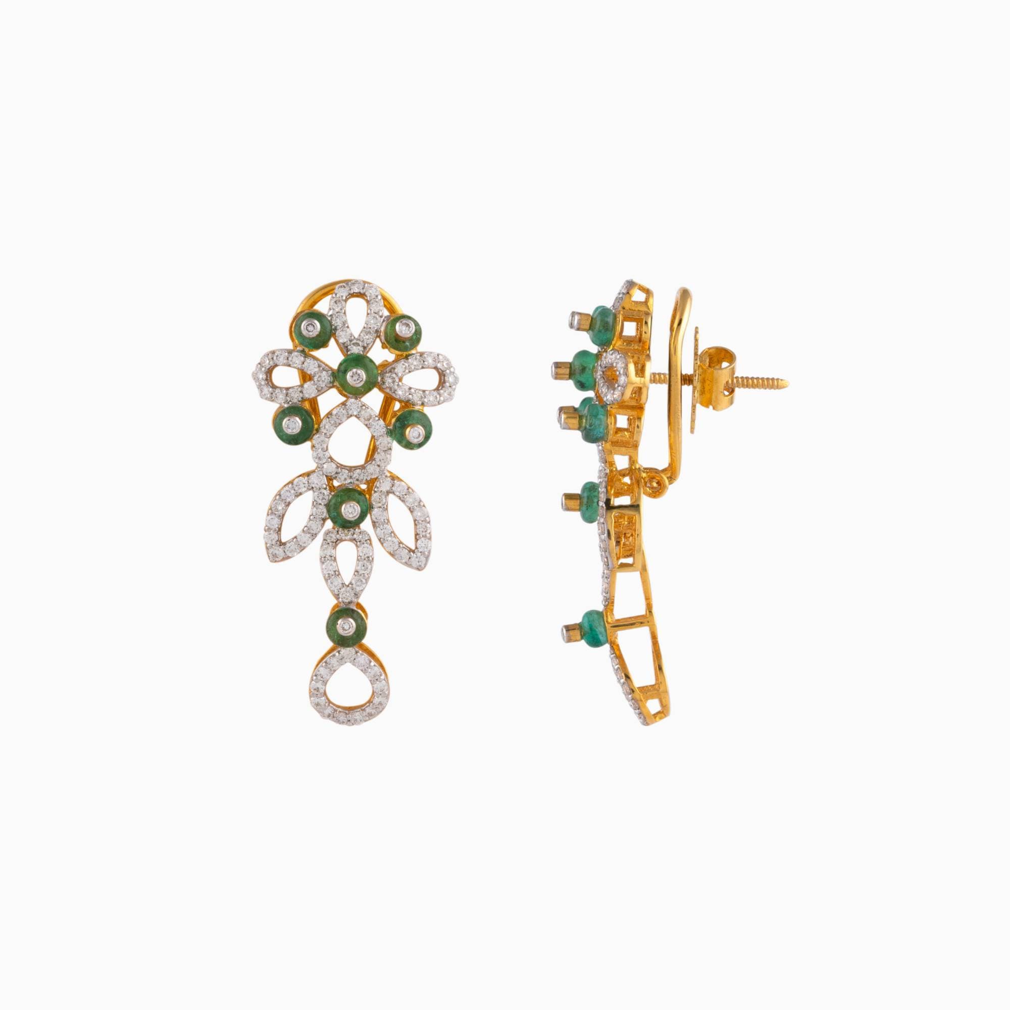 Earring pair with Round Cut Diamond and Fungar Emerald Beads - WDN248