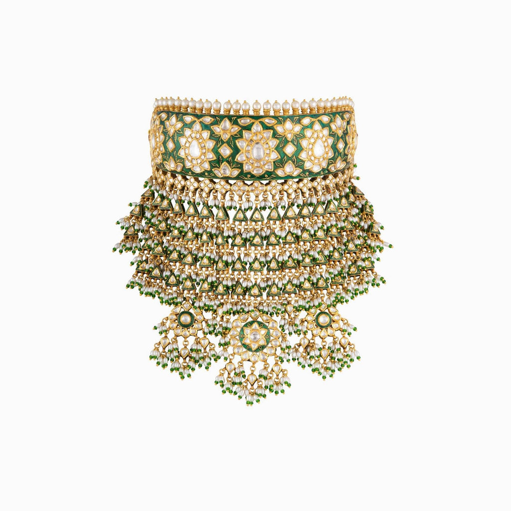 Necklace (Ard) with Green Meena, Moti Funger, Uncut Diamond, Japanese Pearls & Green Cheed(Handwork Enamel Doposta)- KMNE2863