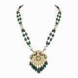 Pendant with Peacock Handwork Enamel Doposta, Uncut Diamond, Emerald Maniya, S.S. Moti, Cultured Pearls-KMPE1056