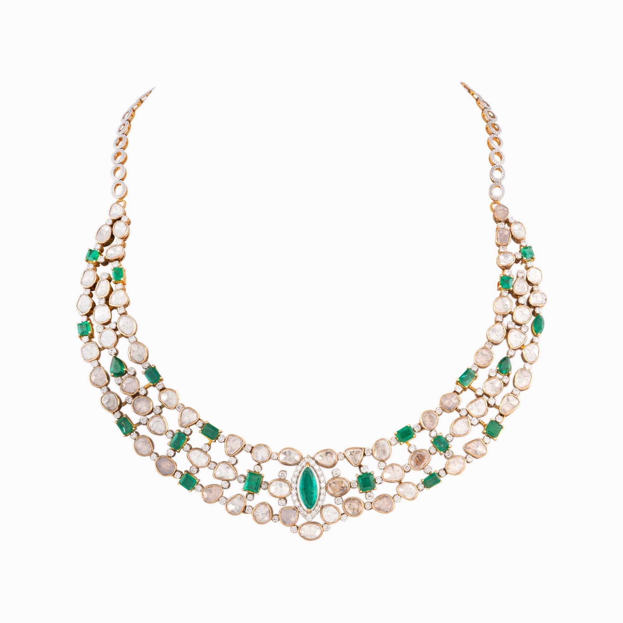 Necklace with Open Setting, Uncut Diamond, Round Cut Diamond, Emerald (Marquise Cut and Octagon Cut) in Gold Chain - WDN684