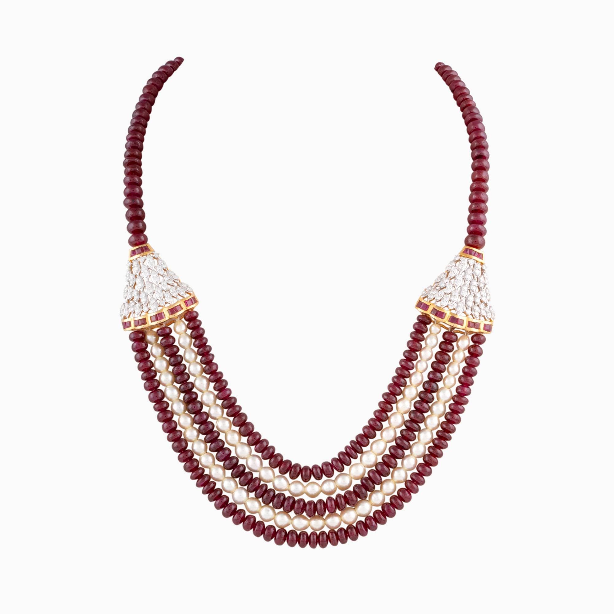 Necklace with Round Cut Diamond, Ruby,  Pearls and Ruby Beads - GDNE0419