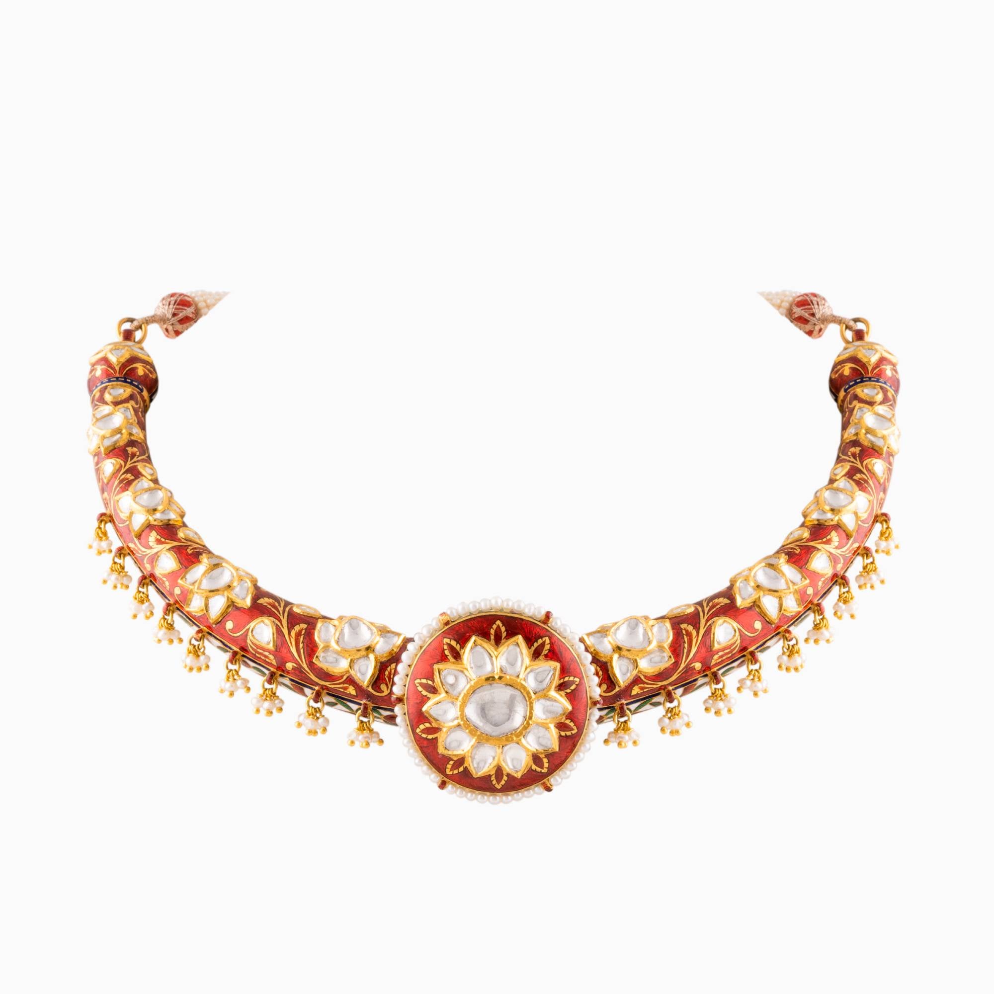 Necklace with Uncut Polki Diamond and Pearls-KMNE2872