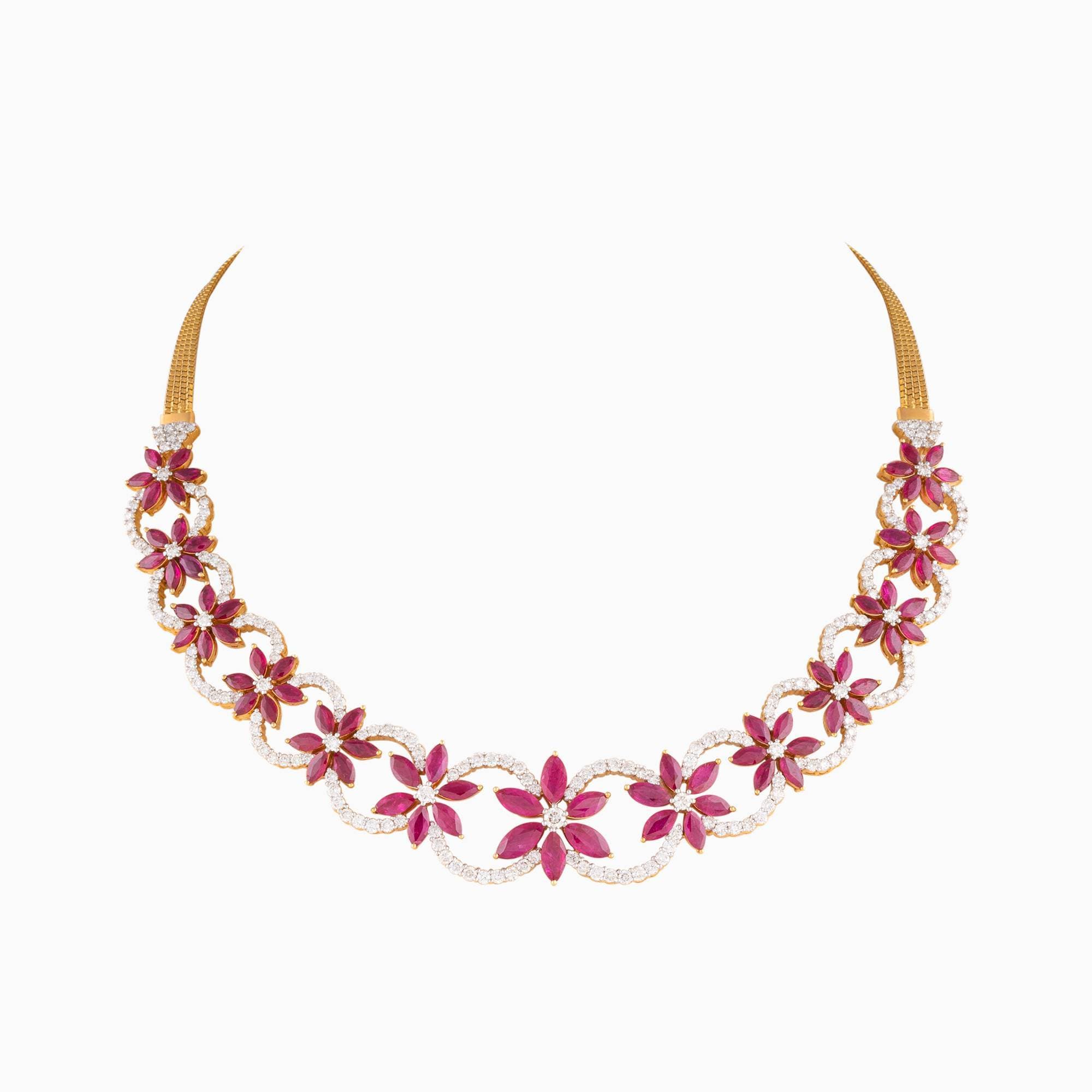 Necklace with Round Diamond and Marquise cut Ruby - GDNE0402