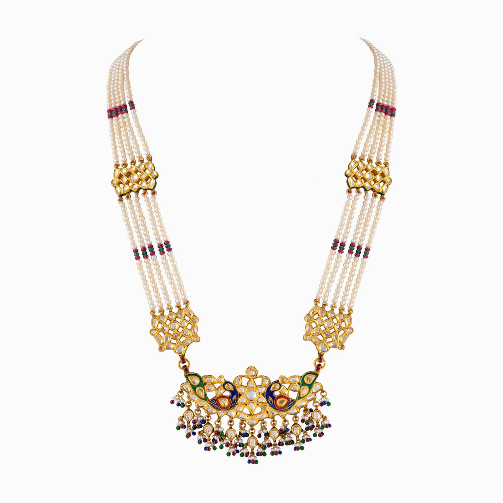 Necklace with Uncut Polki Diamond, Emerald Beads, Pearls and Ruby Beads-KMNE2705