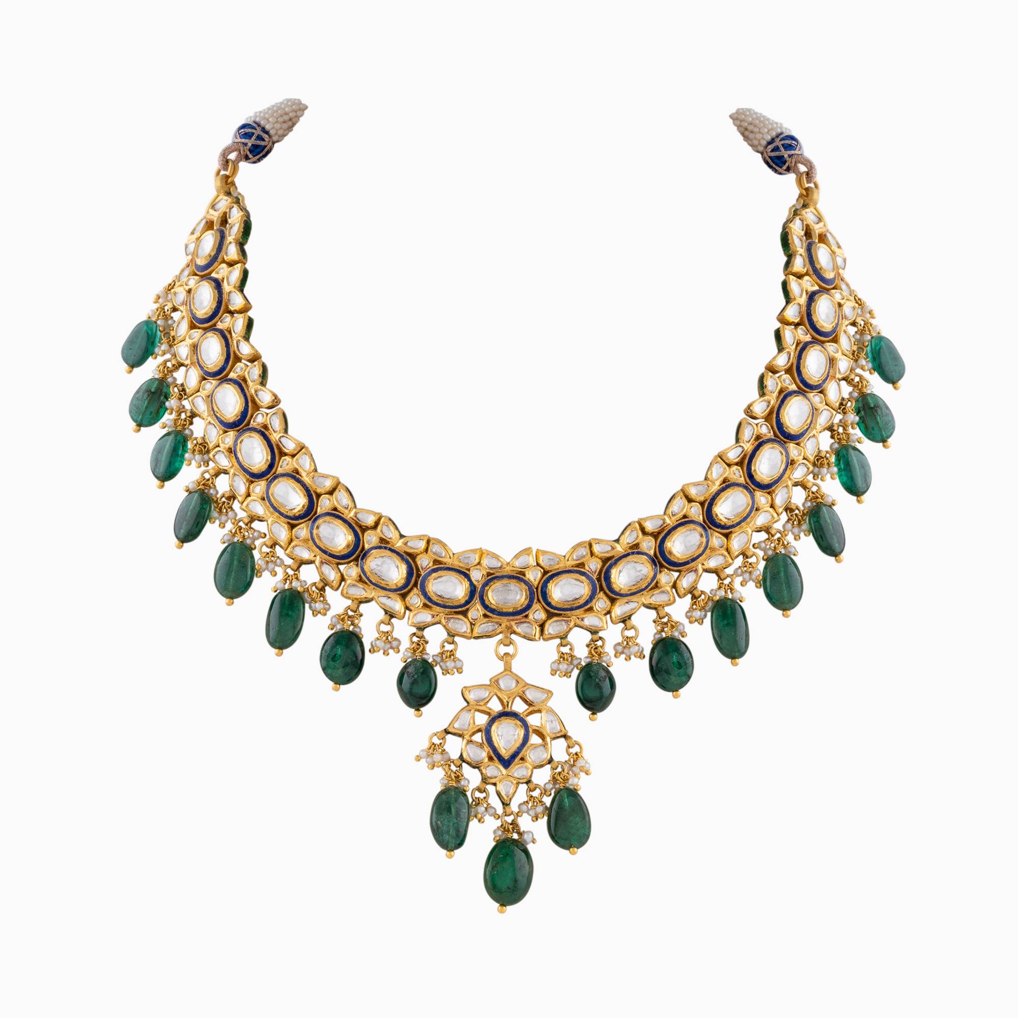 Necklace with Uncut Polki Diamond, Emerald Maniya and Pearls-KMNE2865