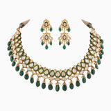 Necklace with Green Meena, Uncut Diamond, Emerald Maniya and Pearls-KMNE2853