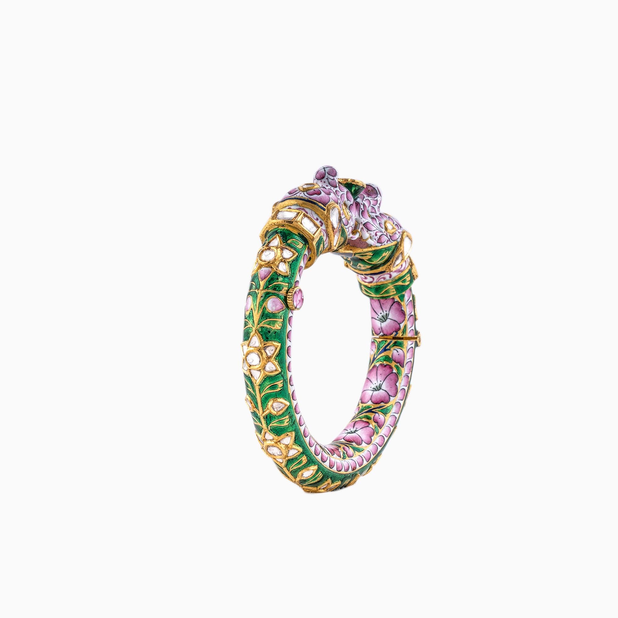 Kada with Pink & Green Enamel Handwork Enamel Doposta and Uncut Diamond- KMB0473