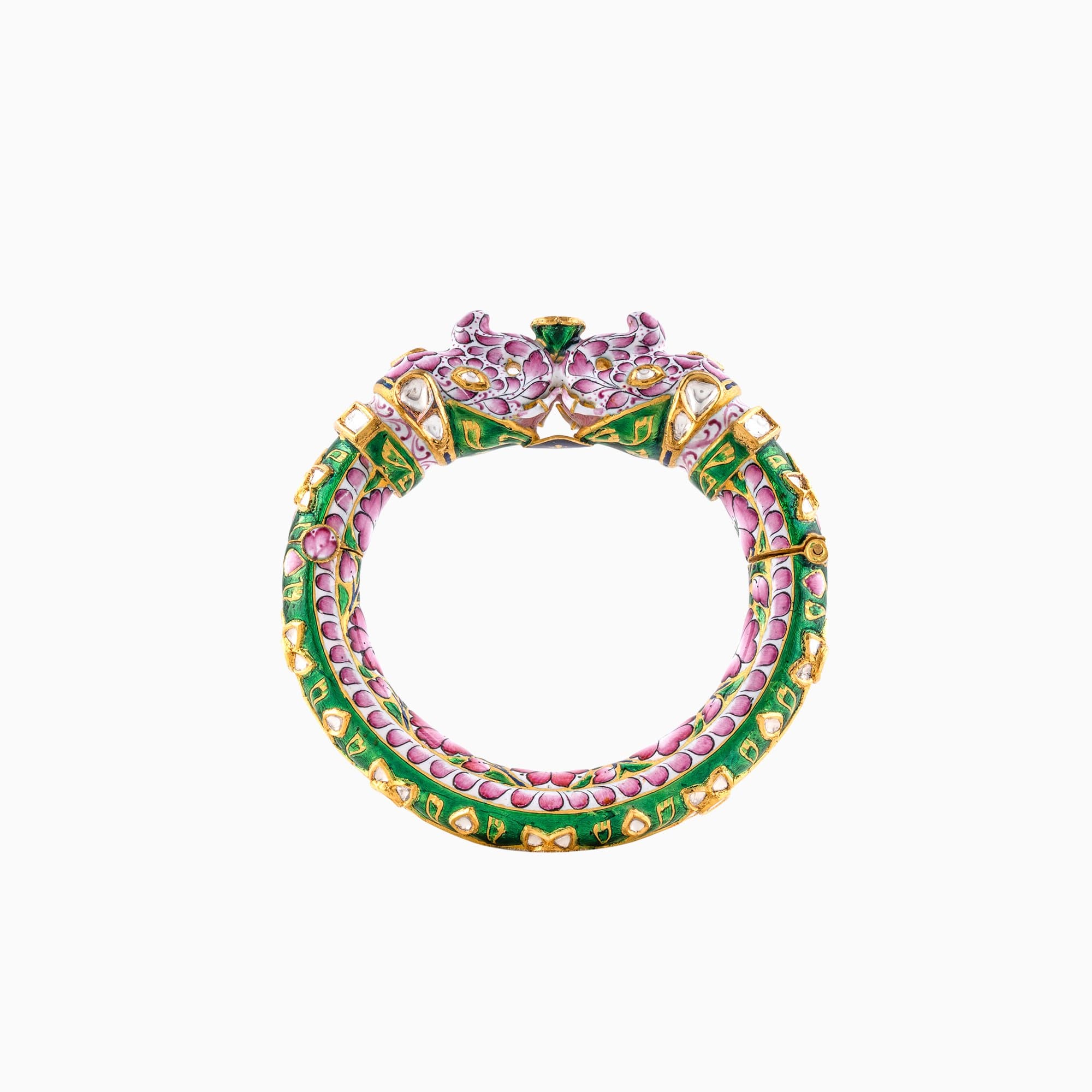 Kada with Pink & Green Enamel Handwork Enamel Doposta and Uncut Diamond- KMB0473