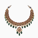 Necklace with Uncut Polki Diamond, Emerald Maniya and Pearls-KMNE2865