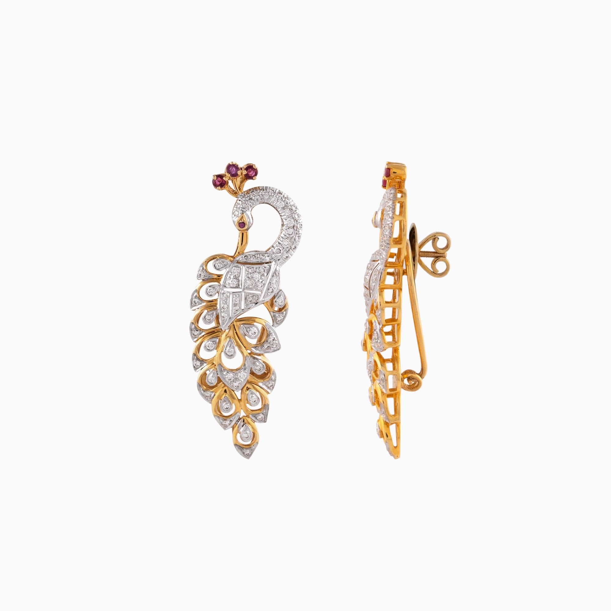 Earring pair with Round Cut Diamond and Round Cut Ruby (Peacock Design) - GDNE0413