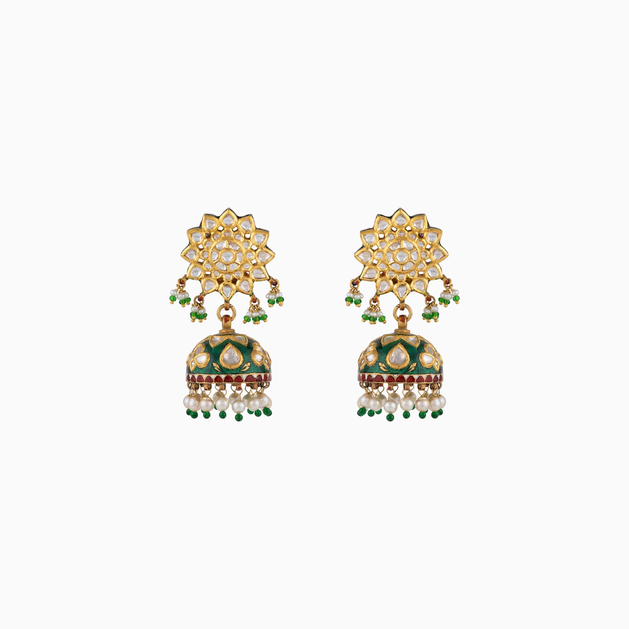 Jhoomki Pair with Green Meena, Uncut Diamond, Green Cheed and Pearls-KME1883