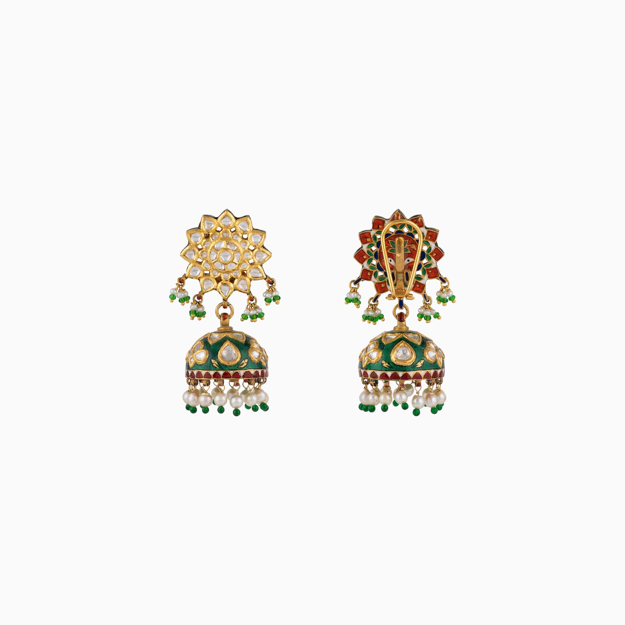 Jhoomki Pair with Green Meena, Uncut Diamond, Green Cheed and Pearls-KME1883