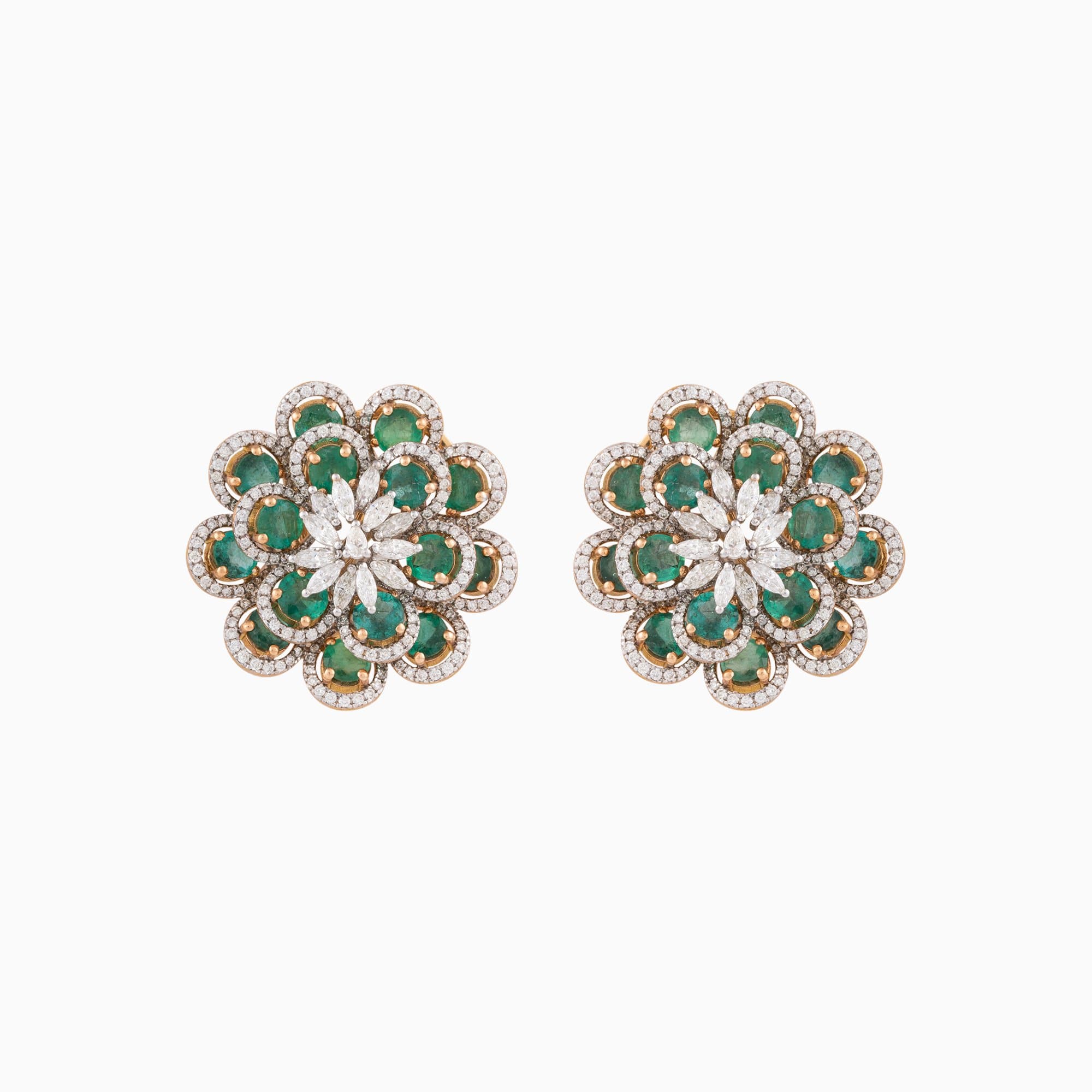 Earring Pair with Round Cut Emerald, Round Cut and Marquise Cut Diamond - PGDE0216