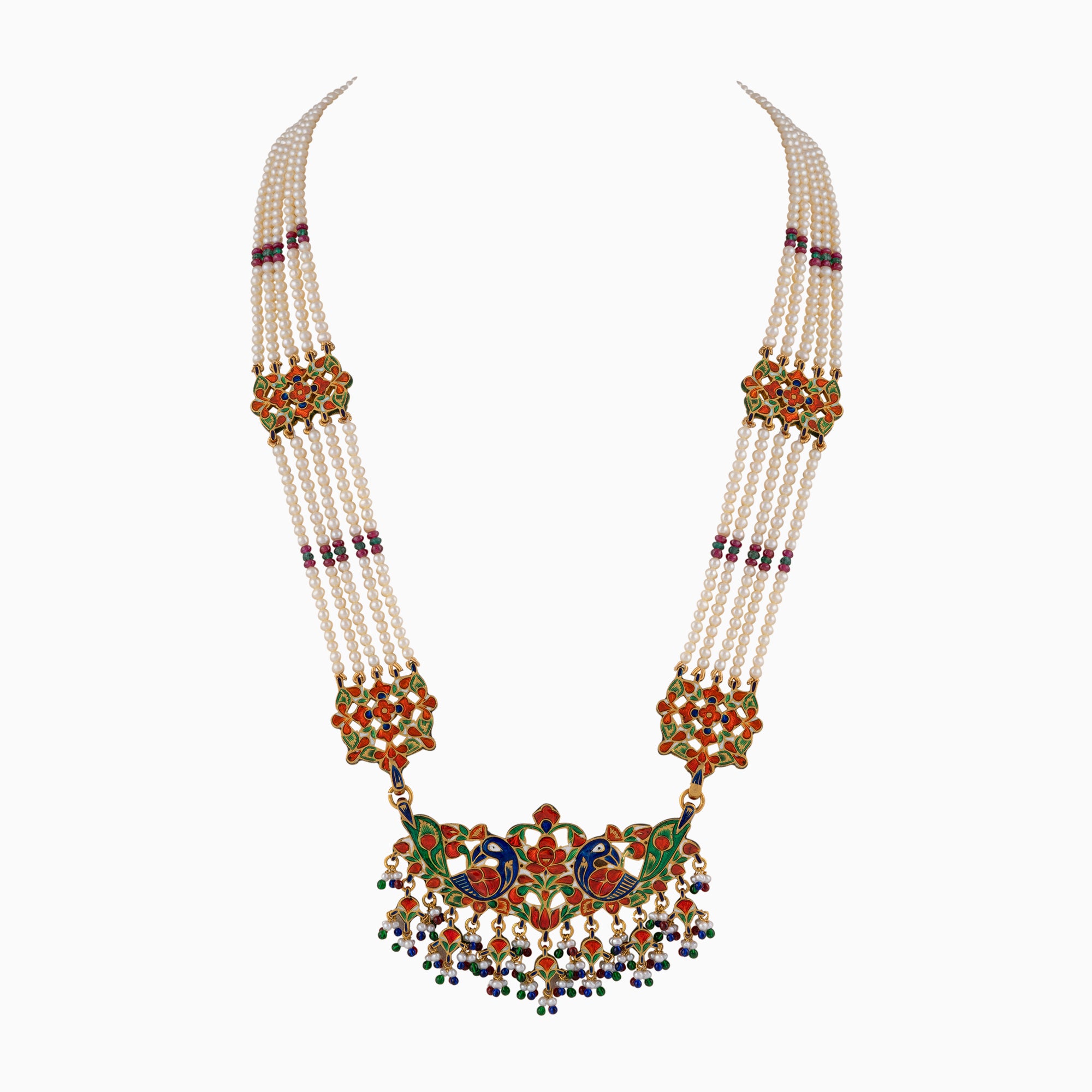 Necklace with Uncut Polki Diamond, Emerald Beads, Pearls and Ruby Beads-KMNE2705