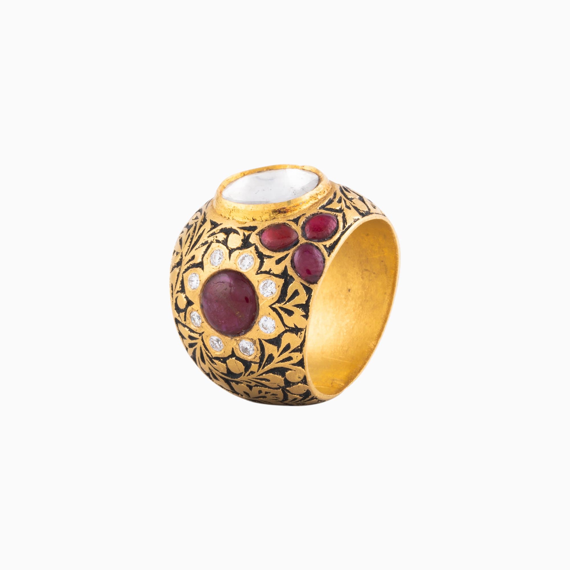 Ring with Partaz Work with Polki Diamond, Round Cut Diamond, Ruby-KMR0124