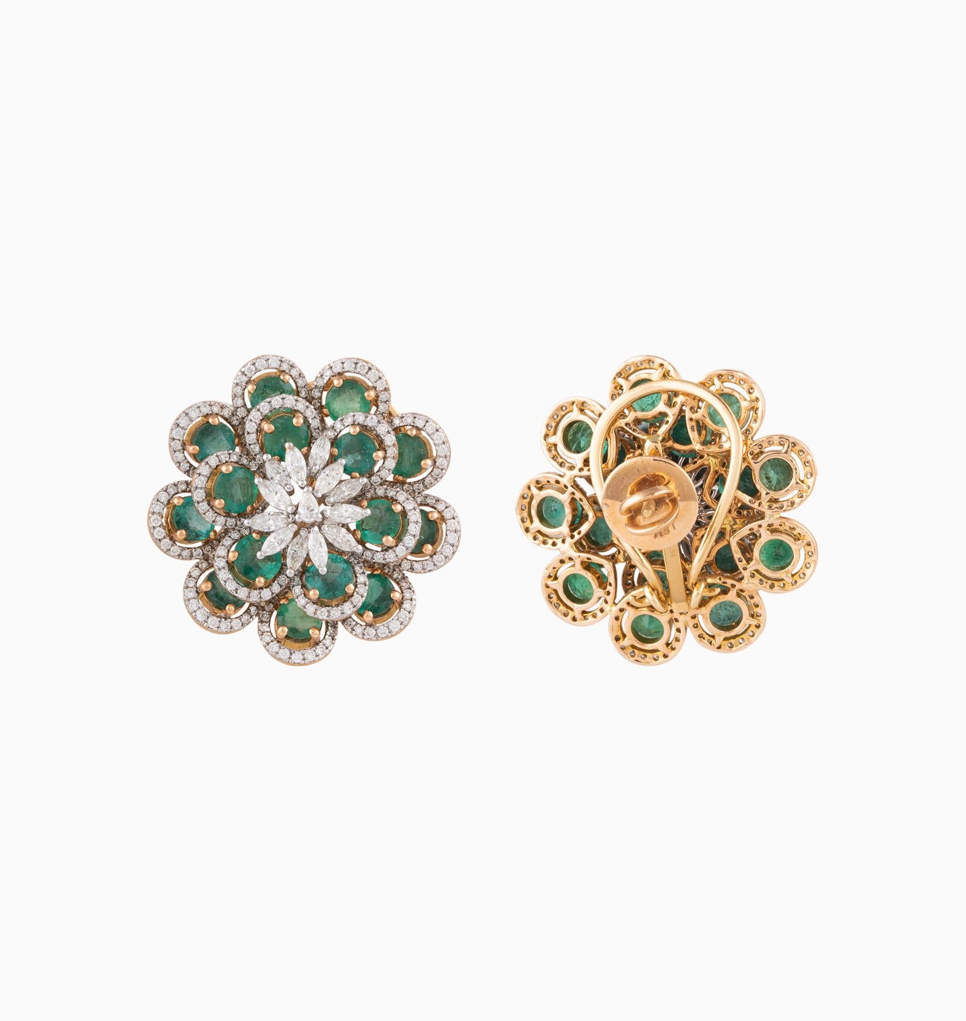 Earring Pair with Round Cut Emerald, Round Cut and Marquise Cut Diamond - PGDE0216