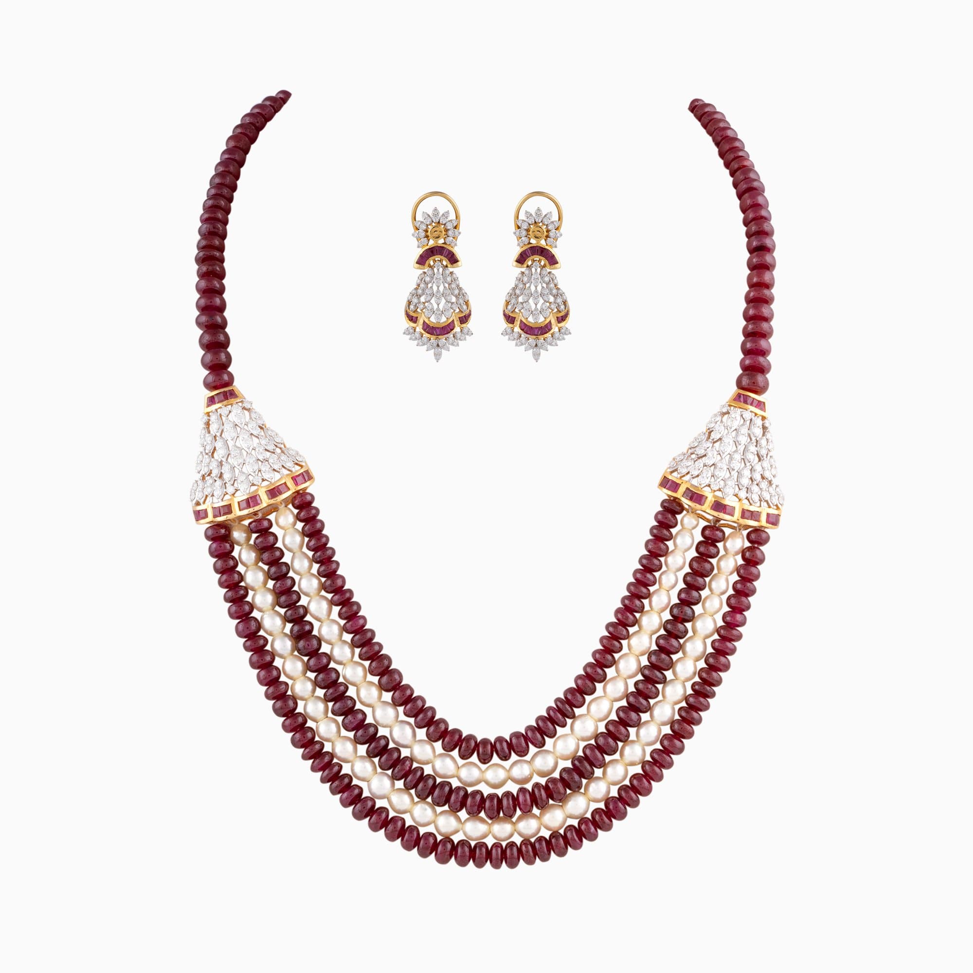 Necklace with Round Cut Diamond, Ruby,  Pearls and Ruby Beads - GDNE0419